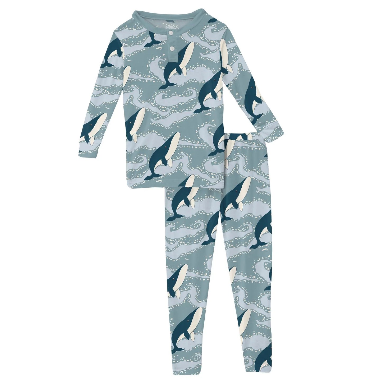 Kickee Stormy Sea Splashing Whales | Print Long Sleeve Henley PJ Set