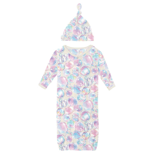 KicKee Natural Bubbles | Print Layette Gown & Knot Hat Set