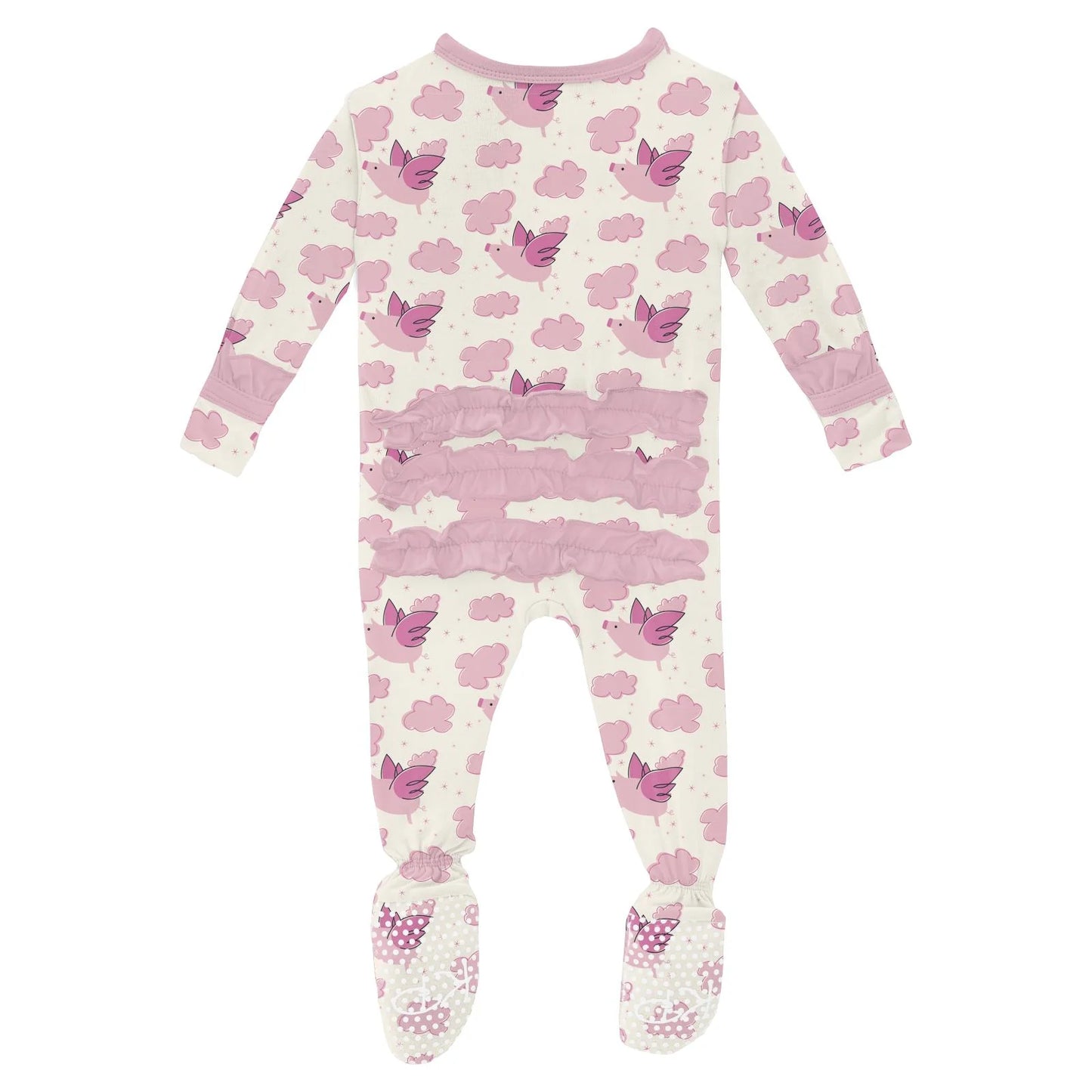 Kickee Natural Flying Pigs | Print Classic Ruffle Footie With 2 Way Zipper