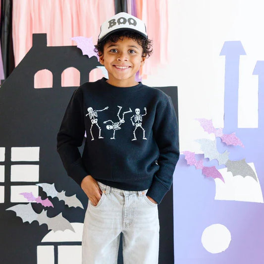 Sweet Wink Black | Silly Skelly Glow in The Dark Halloween Sweatshirt