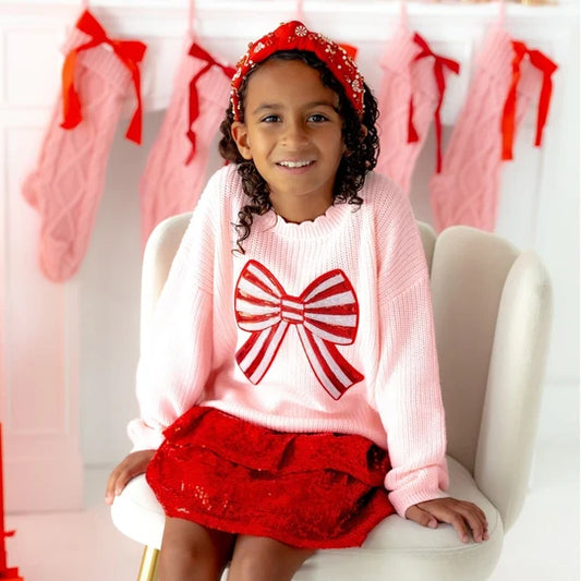 Sweet Wink Ballet Pink | Candy Cane Sequin Bow Patch Christmas Sweater