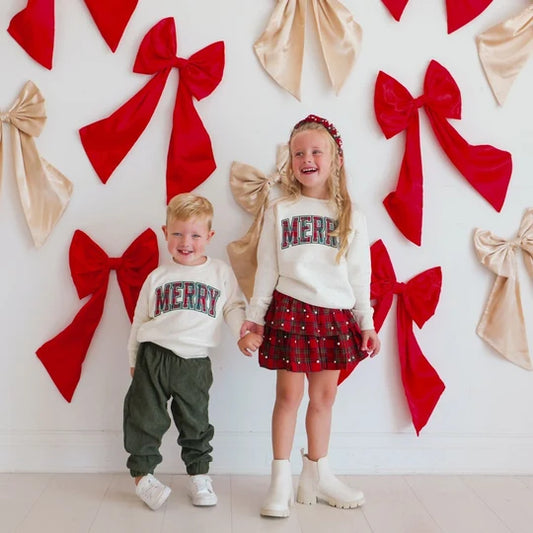 Sweet Wink Natural Heather | Merry Tartan Patch Christmas Sweatshirt
