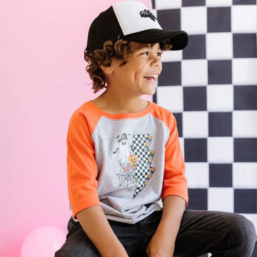 Sweet Wink Heathered Orange | Checker Ghost 3/4 Sleeve Halloween Shirt