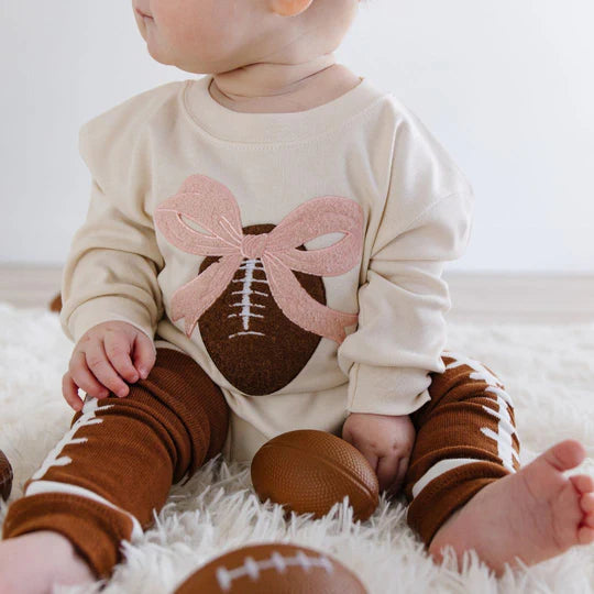 Sweet Wink Natural | Coquette Football Patch Long Sleeve Romper