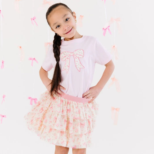 Sweet Wink Ballet Pink | Ditsy Floral Bow Patch Short Sleeve T-Shirt