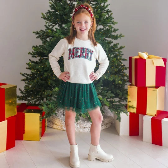 Sweet Wink Natural Heather | Merry Tartan Patch Christmas Sweatshirt