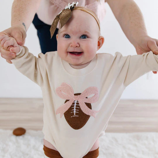 Sweet Wink Natural | Coquette Football Patch Long Sleeve Romper