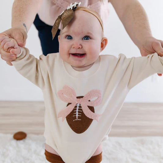 Sweet Wink Natural | Coquette Football Patch Long Sleeve Romper