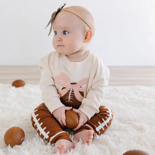 Sweet Wink Natural | Coquette Football Patch Long Sleeve Romper