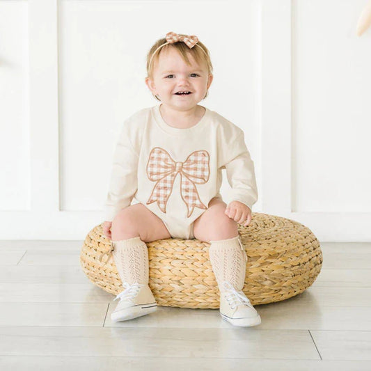 Sweet Wink Natural | Gingham Bow Patch Long Sleeve Romper