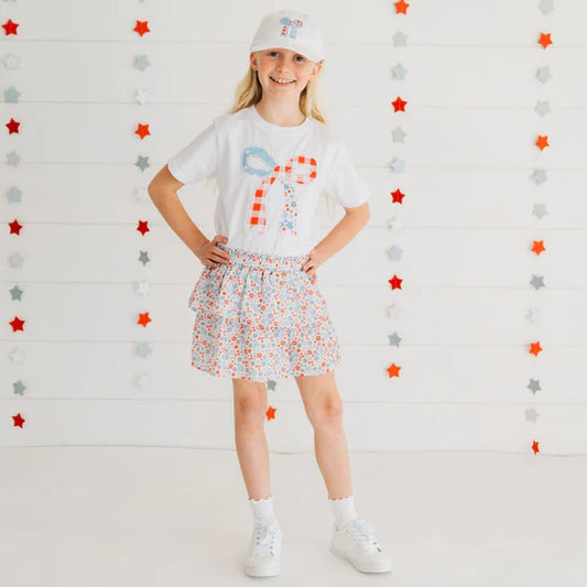 Sweet Wink White | Patchwork Bow Short Sleeve T-Shirt