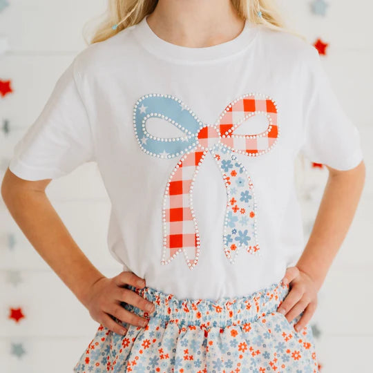 Sweet Wink White | Patchwork Bow Short Sleeve T-Shirt