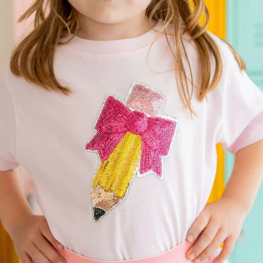 Sweet Wink Ballet | Pencil Bow Sequin Patch Short Sleeve T-Shirt