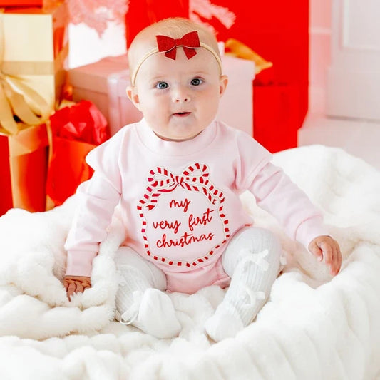 Sweet Wink Ballet Pink | My First Christmas Sequin Bow Patch Long Sleeve Romper