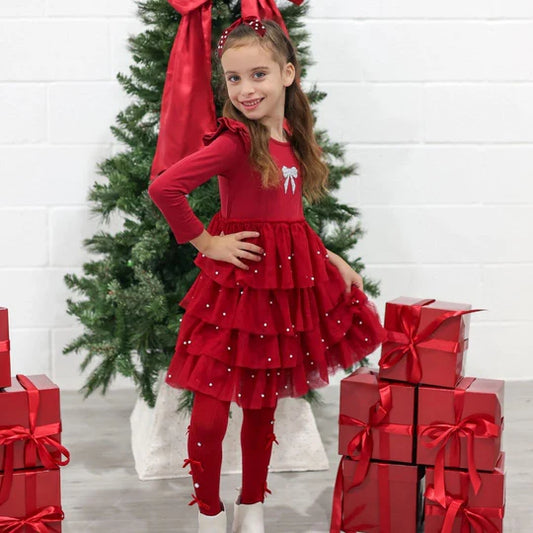 Sweet Wink Ruby Red | Christmas Pearl Long Sleeve Tutu Dress