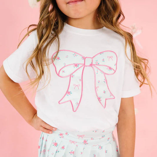 Sweet Wink White | Sky Blue Floral Bow Patch Short Sleeve T-Shirt