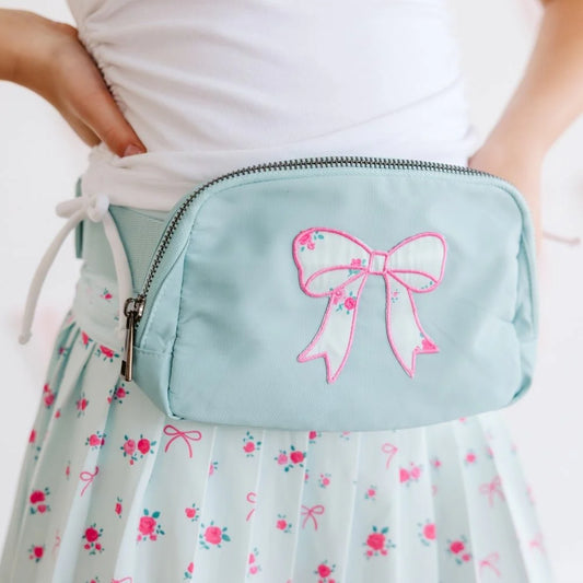 Sweet Wink Sky Blue | Floral Bow Patch Belt Bag
