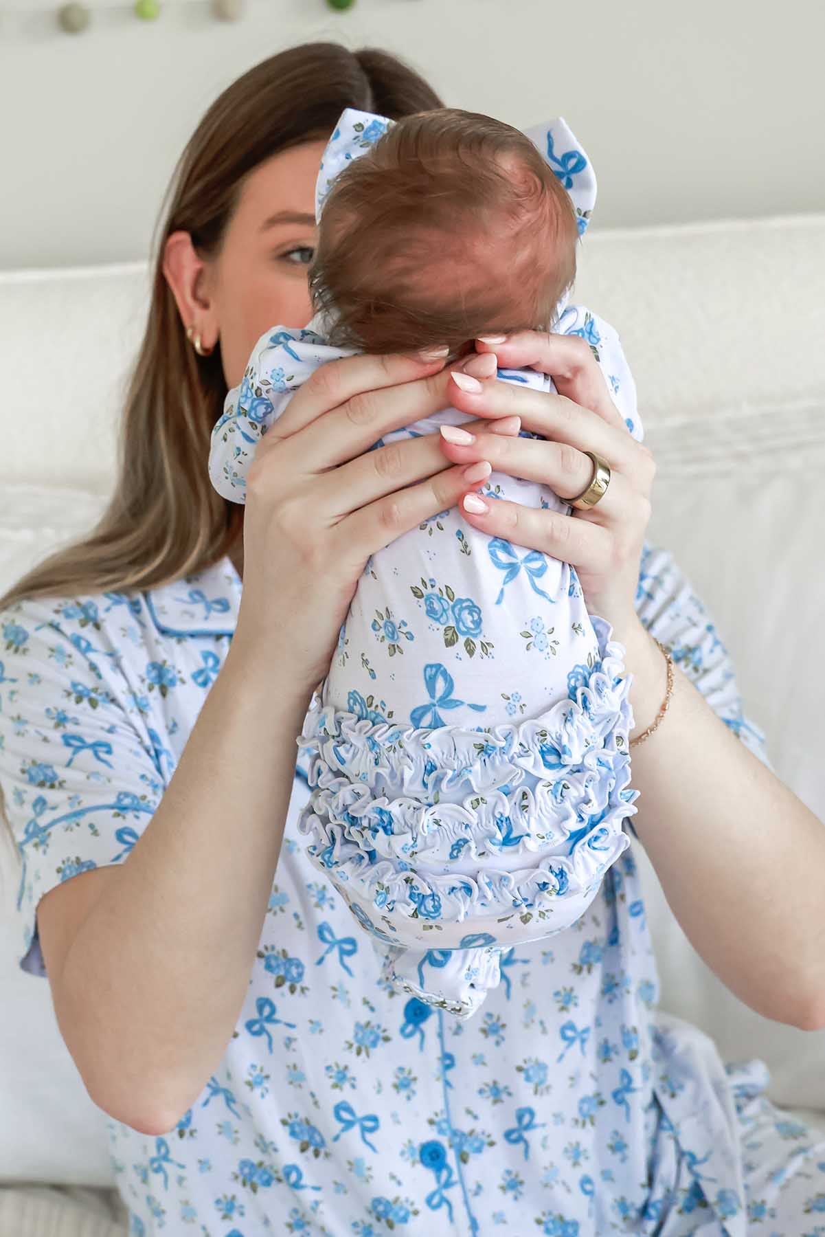 Caden Lane Blue | Tied in Blooms Ruffle Zipper Footie