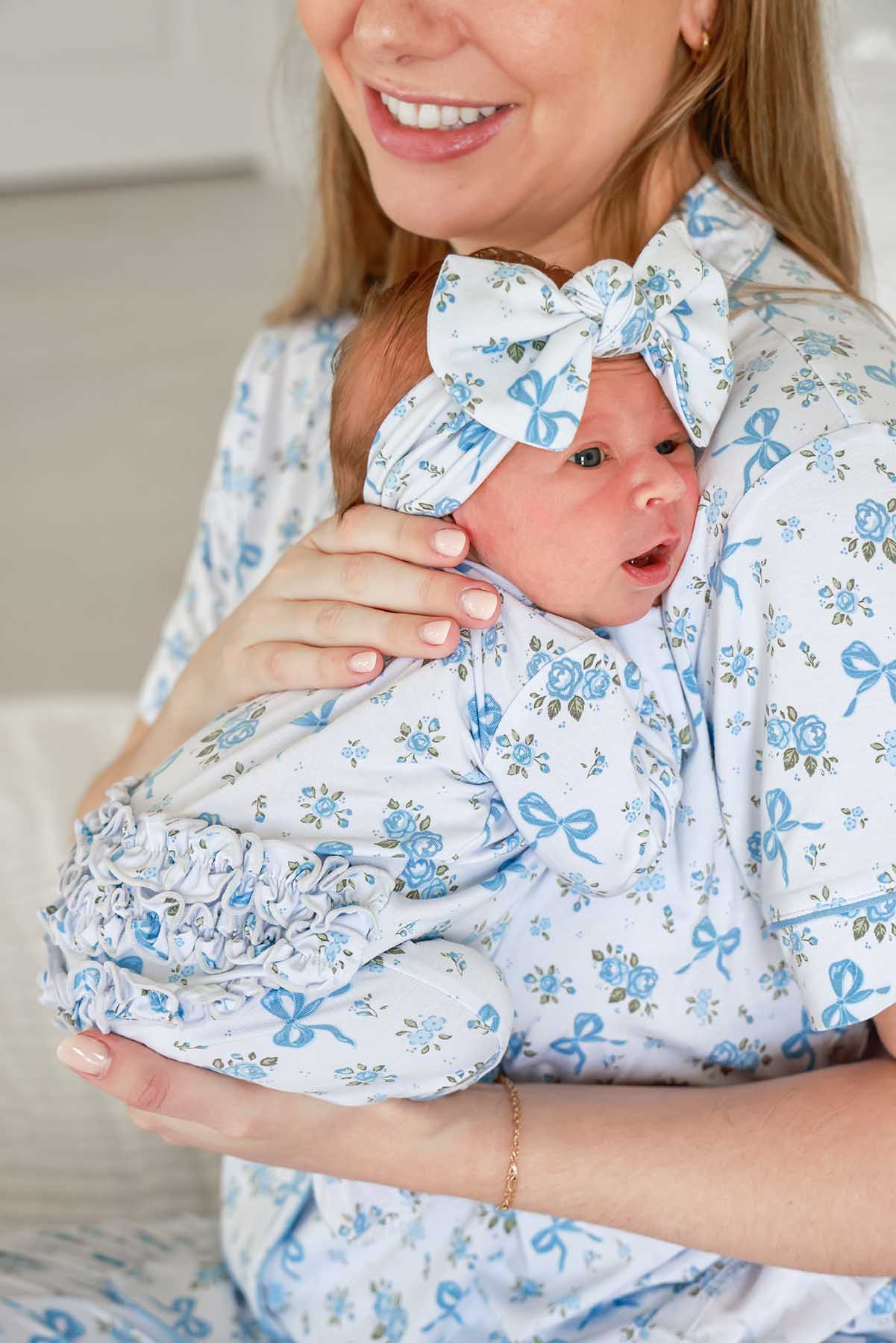 Caden Lane Blue | Tied in Blooms Ruffle Zipper Footie