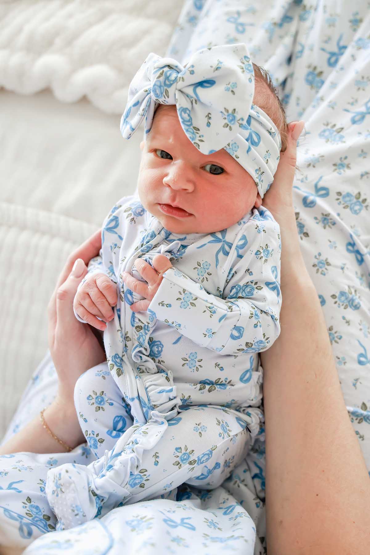 Caden Lane Blue | Tied in Blooms Ruffle Zipper Footie