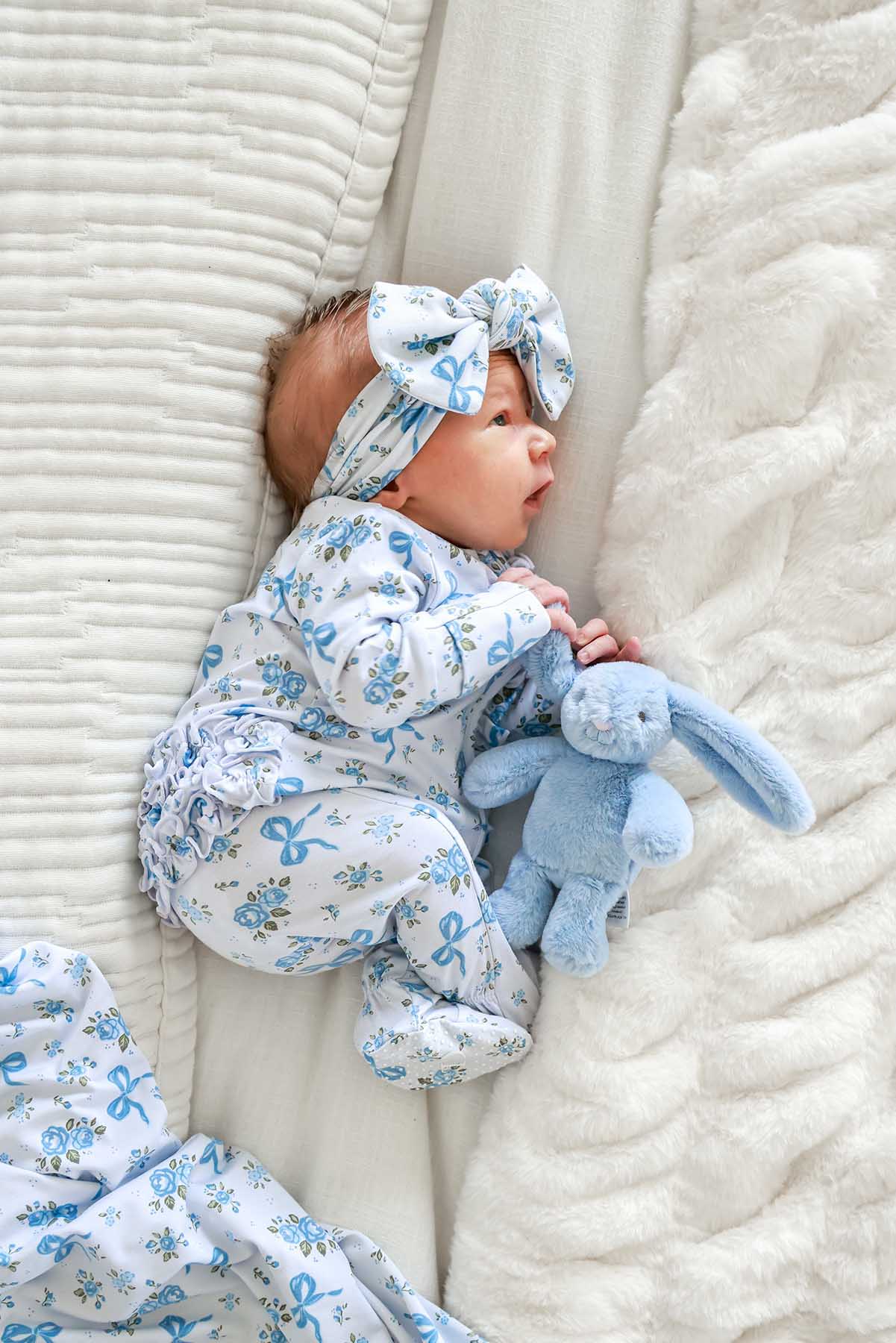 Caden Lane Blue | Tied in Blooms Ruffle Zipper Footie