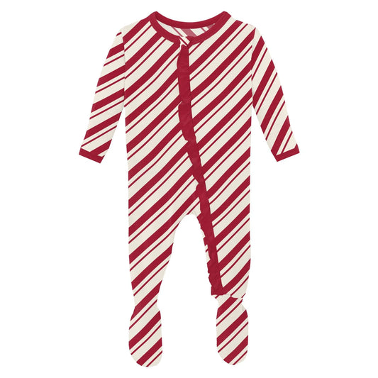 Kickee Peppermint Stripe | Print Layette Ruffle Footie With 2 Way Zipper