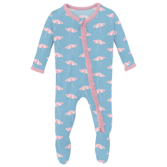 Kickee Seaside Blue Beach Umbrellas | Print Muffin Ruffle Footie With 2 Way Zipper