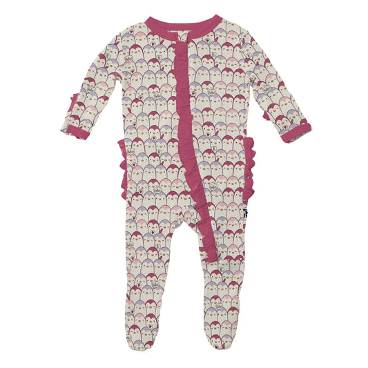 KicKee Baby Rose Penguins | Print Layette Ruffle Footie with 2 Way Zipper