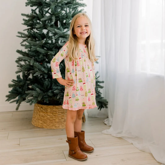 KicKee Baby Rose Cute Trees | Print Long Sleeve Swing Dress