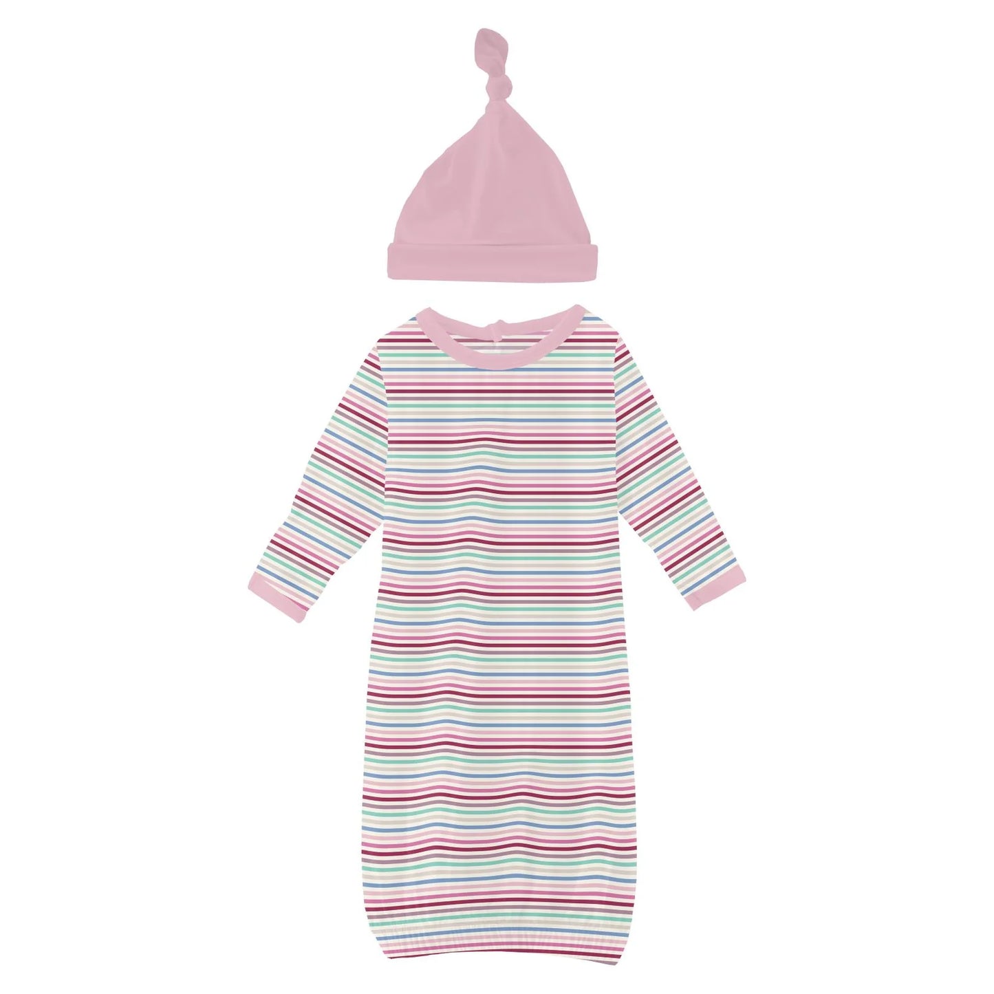 Kickee Make Believe Make Believe Stripe | Print Layette Gown & Hat Set