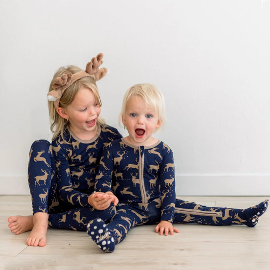 KicKee Peacoat Elk | Print Footie With 2 Way Zipper