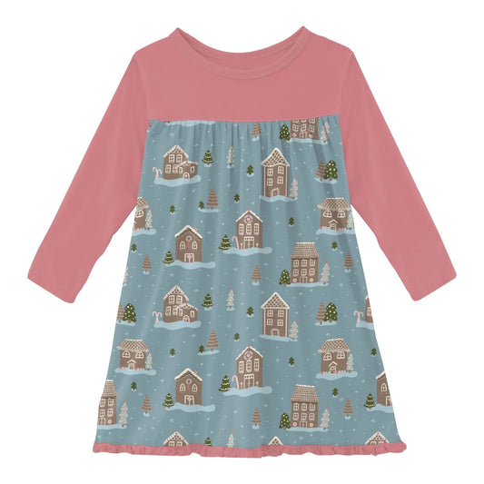 KicKee Stormy Sea Gingerbread Town | Print Long Sleeve Swing Dress