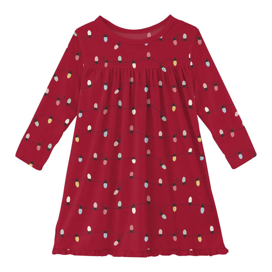 KicKee Crimson Holiday Lights | Print Long Sleeve Swing Dress
