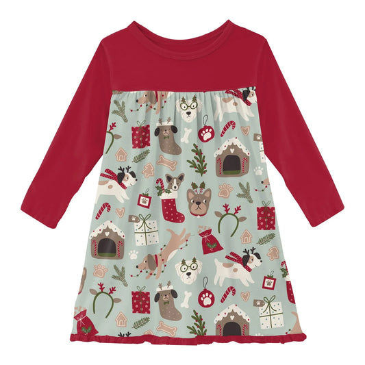KicKee Aloe Crimson Dogs | Print Long Sleeve Swing Dress