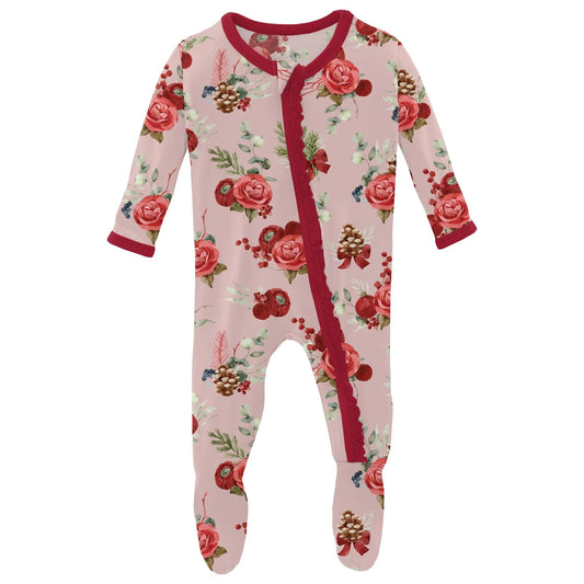 KicKee Baby Rose Holiday Floral | Print Layette Ruffle Footie With 2 Way Zipper