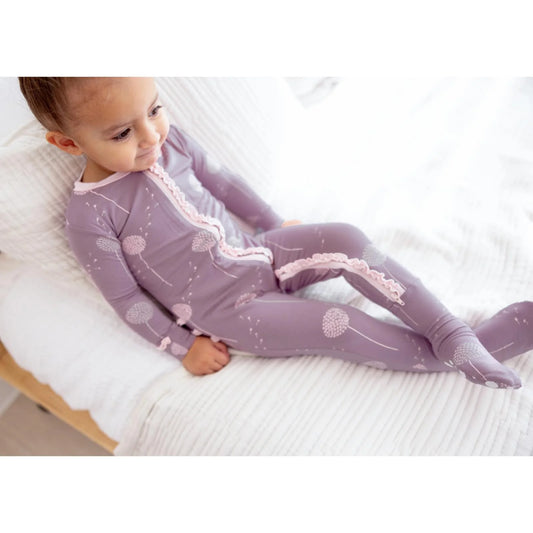 KicKee Lavender Dandelion Wish | Print Muffin Ruffle Footie With 2 Way Zipper