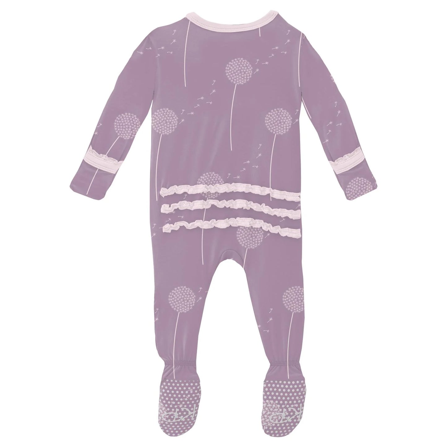 KicKee Lavender Dandelion Wish | Print Muffin Ruffle Footie With 2 Way Zipper