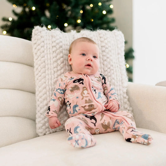 KicKee Baby Rose Arctic Animals | Print Layette Ruffle Footie With 2 Way Zipper