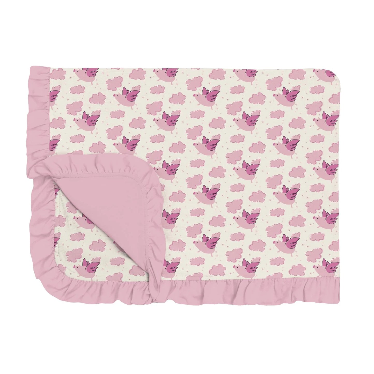 Kickee Natural Flying Pigs | Print Ruffle Toddler Blanket