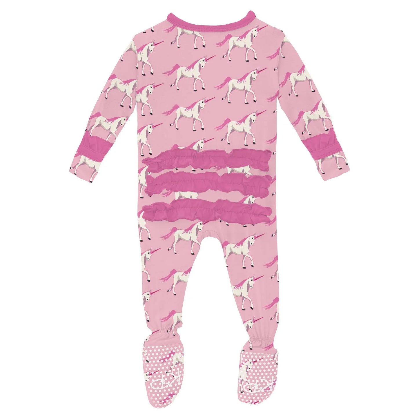 Kickee Cake Pop Prancing Unicorn | Print Classic Ruffle Footie With 2 Way Zipper