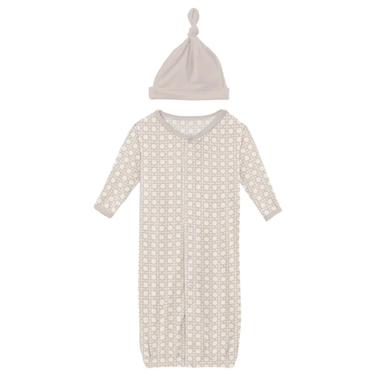 Kickee Latte Wicker | Print Layette Gown Converter & Hat Set