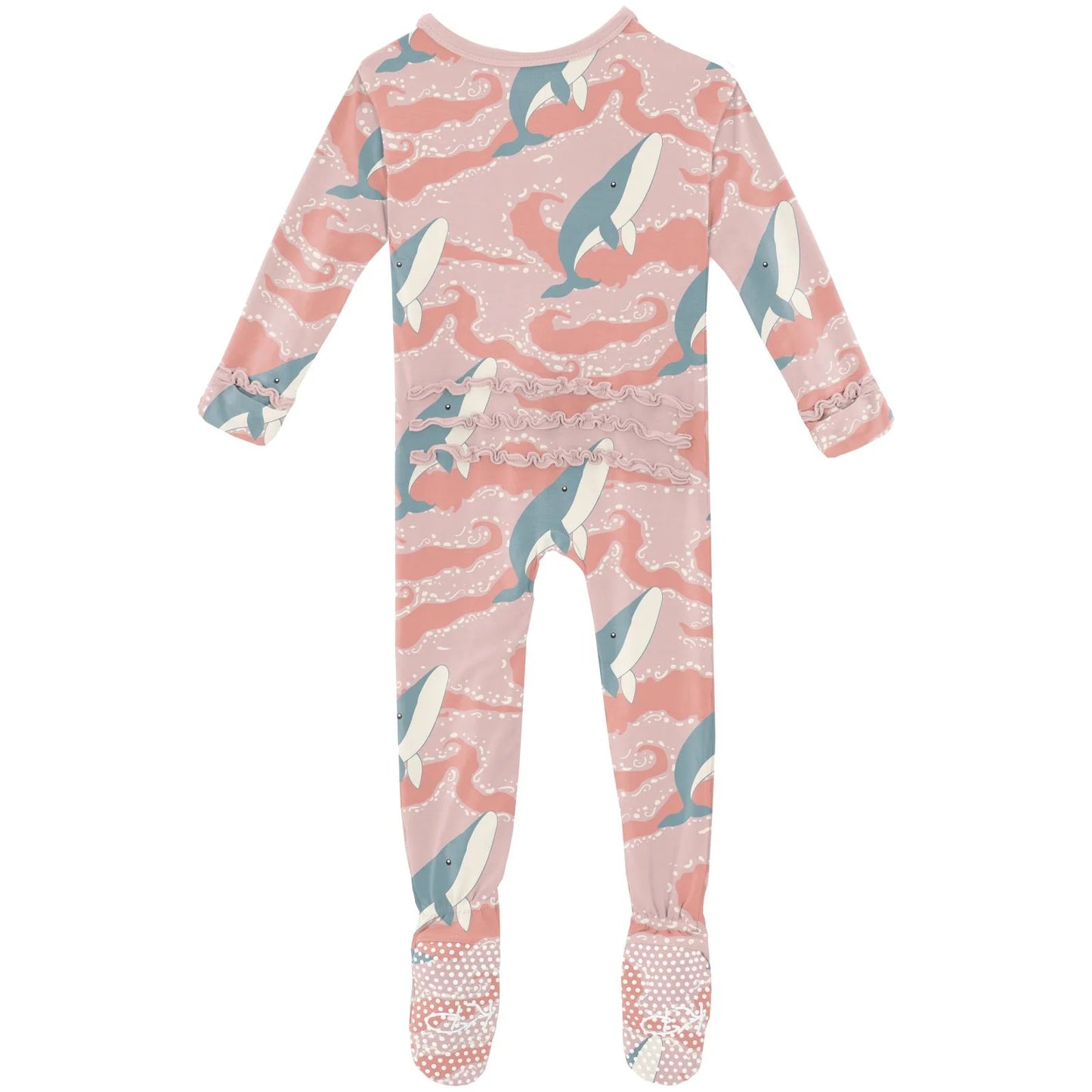 Kickee Baby Rose Splashing Whales | Print Classic Ruffle Footie With 2 Way Zipper