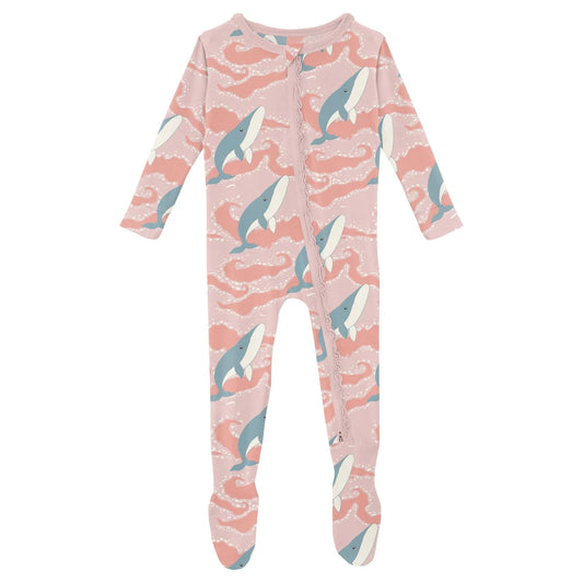 Kickee Baby Rose Splashing Whales | Print Muffin Ruffle Footie With 2 Way Zipper