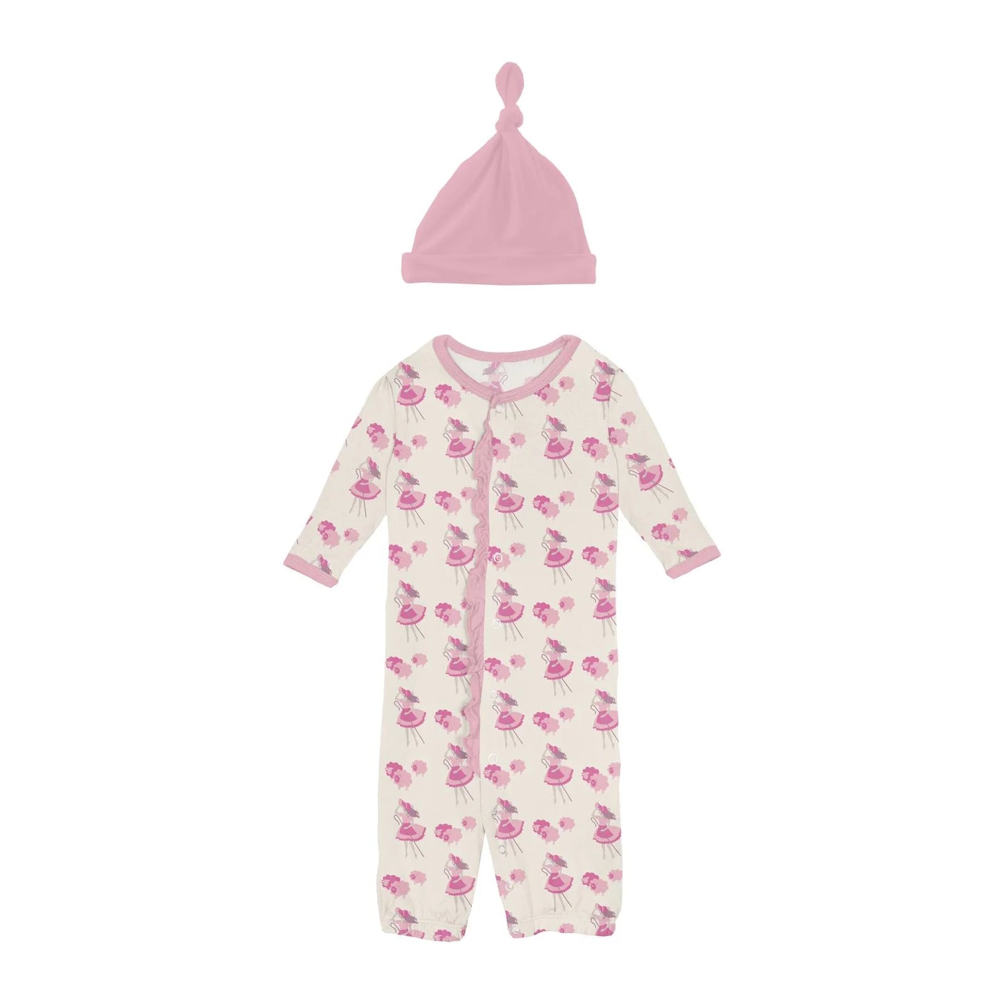 Kickee Natural Little Bo Peep | Print Ruffle Layette Gown Converter & Hat Set