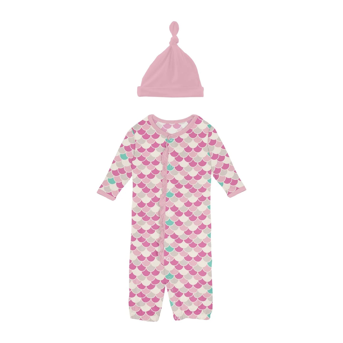 Kickee Tulip Scales | Print Ruffle Layette Gown Converter & Hat Set