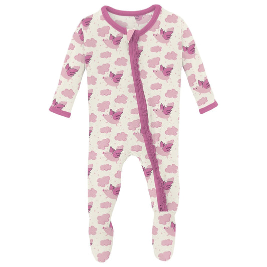 Kickee Natural Flying Pigs | Print Muffin Ruffle Footie With 2 Way Zipper