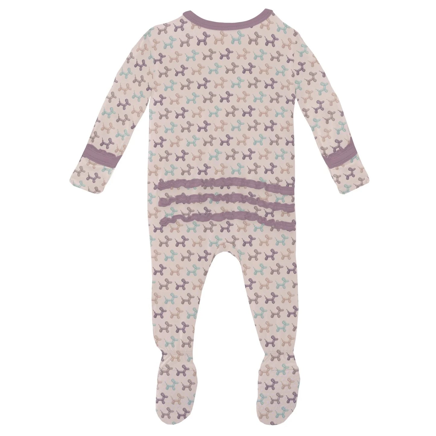 KicKee Shrinking Violet Balloon Dogs | Print Muffin Ruffle Footie with 2 Way Zipper