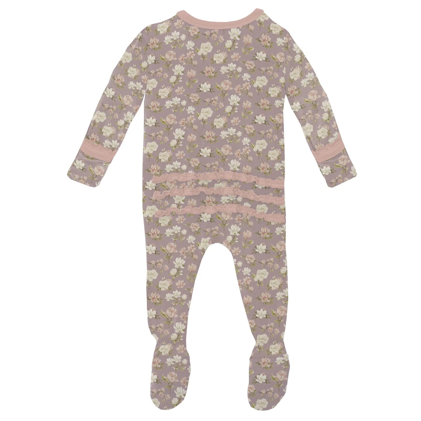 KicKee Sweet Pea Floral | Print Muffin Ruffle Footie with 2 Way Zipper