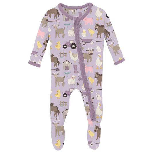 Kickee Thistle Morning On The Farm | Print Classic Ruffle Footie With 2 Way Zipper