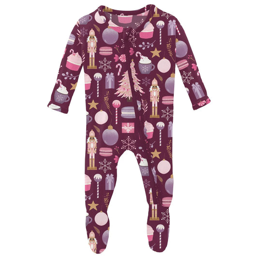 KicKee Melody Sugar Plum | Print Layette Ruffle Footie With 2 Way Zipper